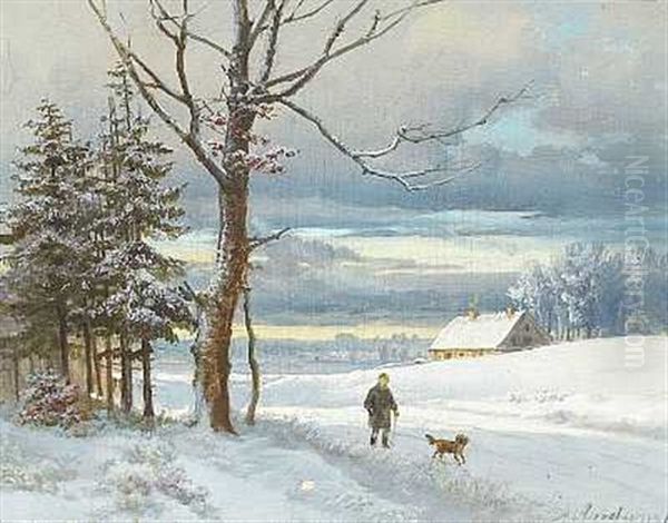 Vinterlandskab Med Mand Og Hund Pa En Sti Oil Painting by Anders Andersen-Lundby