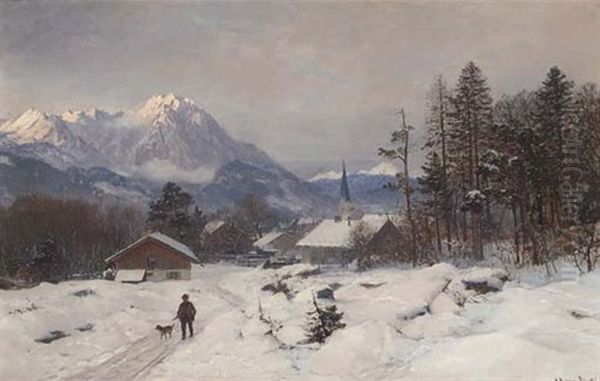 A Hunter At A Mountain Settlement Oil Painting by Anders Andersen-Lundby