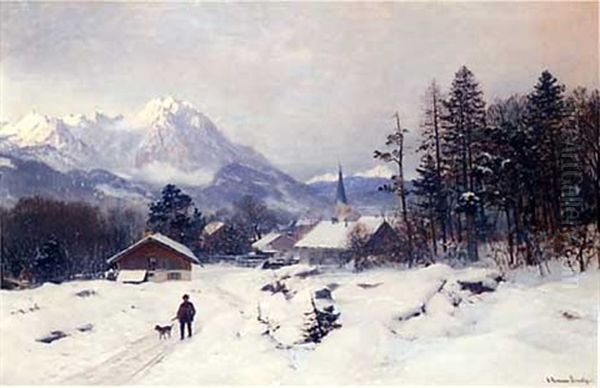 A Hunter In A Winter Landscape Oil Painting by Anders Andersen-Lundby