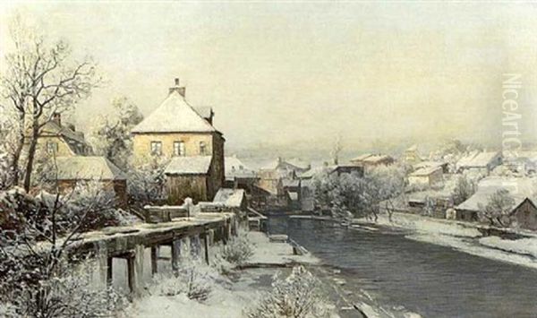 Wintermorgen In Kleiner Stadt Am Fluss Oil Painting by Anders Andersen-Lundby