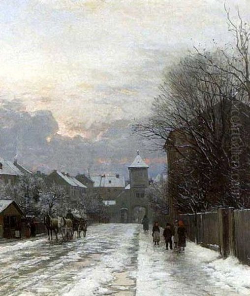 Winterliche Strasenszene Vor Der Stadttor Oil Painting by Anders Andersen-Lundby