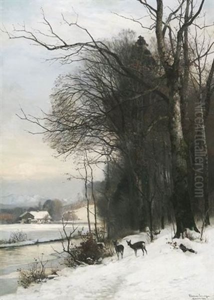 Rehe In Einem Verschneiten Tal In Den Voralpen Oil Painting by Anders Andersen-Lundby