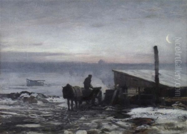 Bauerliches Pferdefuhrwerk In Winterlicher Landschaft Im Morgengrauen Oil Painting by Anders Andersen-Lundby