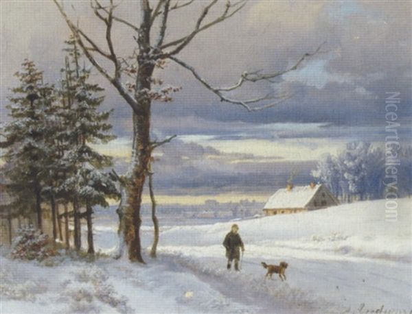 Vinterlandskab Med Spadserende Herre Og Hund Oil Painting by Anders Andersen-Lundby