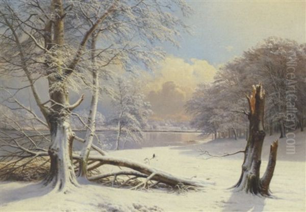 Vinterdag Med Snepudrede Traeer, Solskin Oil Painting by Anders Andersen-Lundby