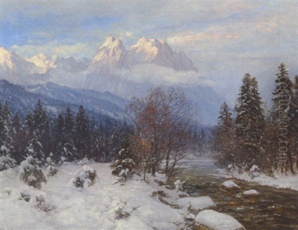 Flod I Vinterlandskab, I Baggrunden De Sneklaedte Tyske Alper Oil Painting by Anders Andersen-Lundby