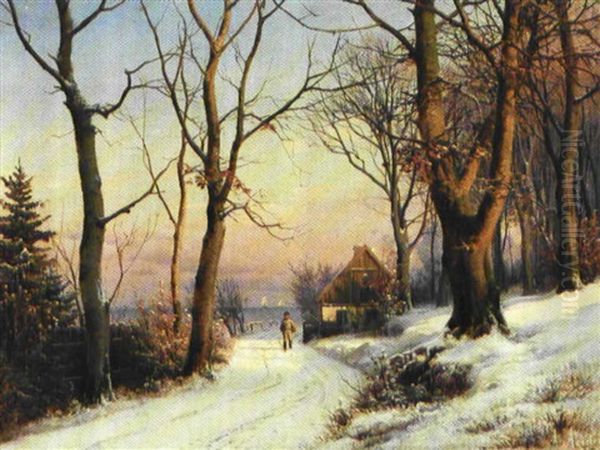 Vinterdag Med En Lille Dreng Pa En Grusvej, I Baggrunden Oresund Oil Painting by Anders Andersen-Lundby