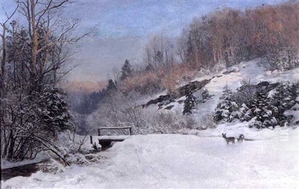 Winterliche Landschaft Im Licht Der Spaten Nachmittagssonne Mit Zwei Rehen An Einem Bachlauf Oil Painting by Anders Andersen-Lundby