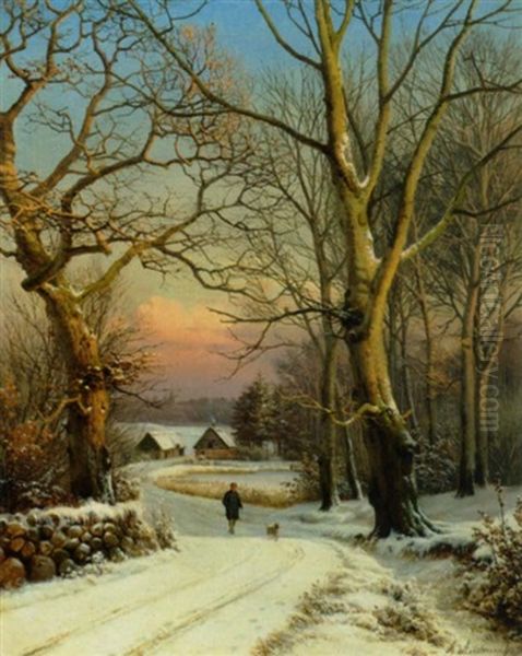 Vinterdag I Skoven, Nordsjaelland. En Mand Lufter Hunden Oil Painting by Anders Andersen-Lundby