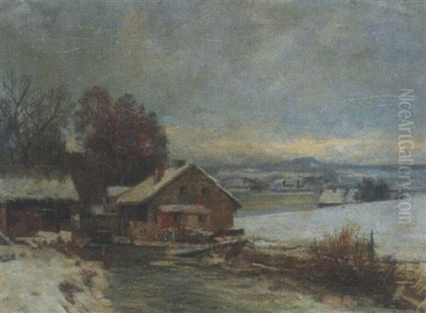 Vinterlandskab Ved Bygninger Oil Painting by Anders Andersen-Lundby