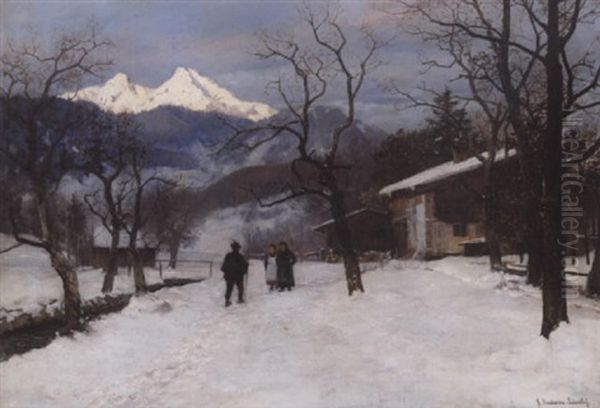 Vinterlandskab Med Personer Og Sneklaedte Bjerge, Antagelig Naeer Munchen Oil Painting by Anders Andersen-Lundby