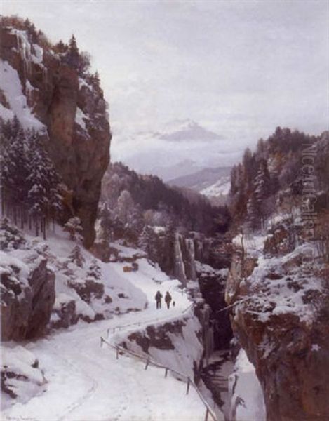 A Winter Day In The Bavarian Mountains Oil Painting by Anders Andersen-Lundby