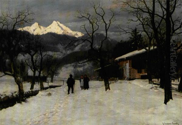 Vinterlandskab Med Personer Og Sneklaedte Bjerge (naer Munchen?) Oil Painting by Anders Andersen-Lundby