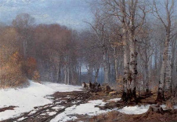 Hestekoretoj I Skoven En Vinterdag Med Hoj Bla Himmel Oil Painting by Anders Andersen-Lundby