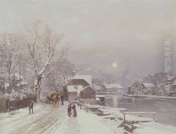 Sydtysk Bymotiv Med Huse Og Figurer Ved En Flod, Vinter by Anders Andersen-Lundby