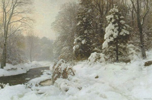 Bachlauf Im Winterwald Oil Painting by Anders Andersen-Lundby