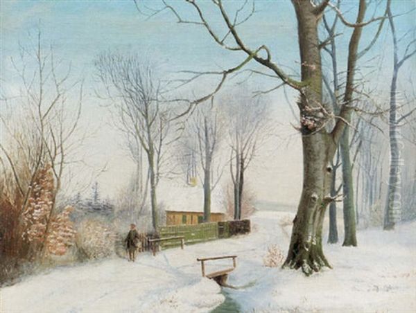 Solig Vinterdag Med Man Pa Vag Oil Painting by Anders Andersen-Lundby