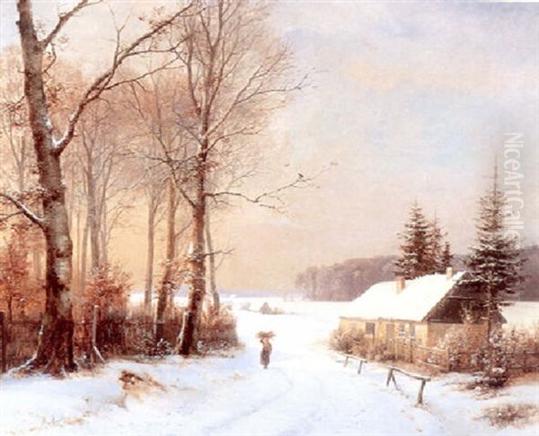 Vinterlandskab, I Forgrunden Hus Og Gaende Person Oil Painting by Anders Andersen-Lundby