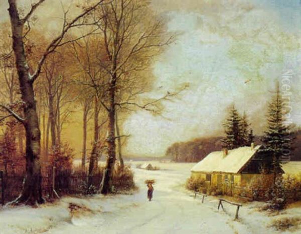 Sjaellandsk Vinterlandskab Med Braendesamler I Skovkanten Oil Painting by Anders Andersen-Lundby