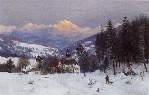 Parti Fra Schweiz, Vinter, I Forgrunden Jaeger Med Hund, I Baggrunden Eiger, Monch Og Jungfrau by Anders Andersen-Lundby