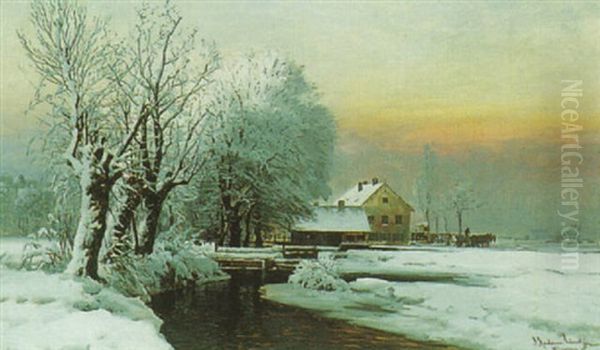 A Winter Landscape Oil Painting by Anders Andersen-Lundby