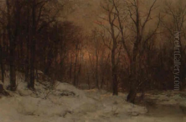 Sonnenuntergang Im Winterwald Oil Painting by Anders Andersen-Lundby