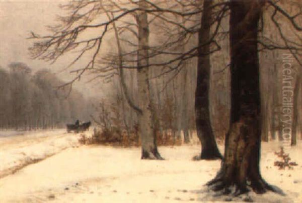 En Vinterdag I Skoven, I Baggrunden Hestek+ret+j Oil Painting by Anders Andersen-Lundby