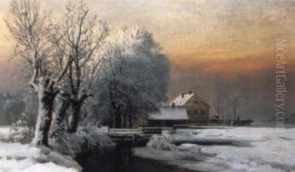 Vinterlandskab Med En Tysk Gard Ved Floden Isar Oil Painting by Anders Andersen-Lundby