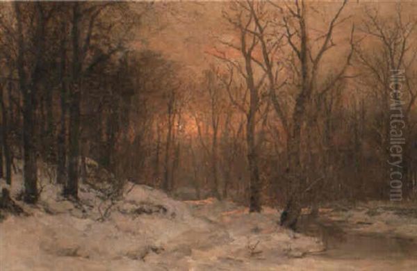 A Winter Woodland At Sunset Oil Painting by Anders Andersen-Lundby