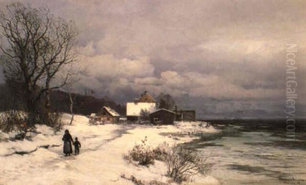 Vinterlandskab Med Kone Og Barn Ved Huse, I Baggrunden Bjerge Oil Painting by Anders Andersen-Lundby