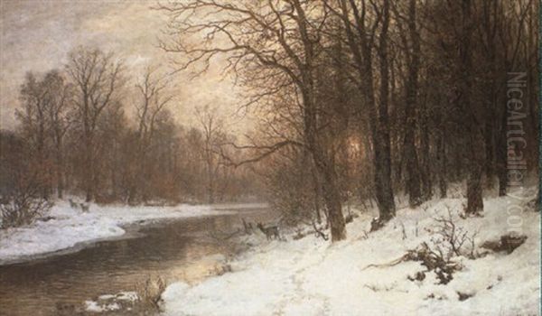 Deer By A Riverbank In A Winter Landscape Oil Painting by Anders Andersen-Lundby