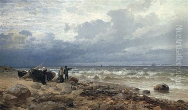 Fishermen On The Shore Oil Painting by Anders Andersen-Lundby