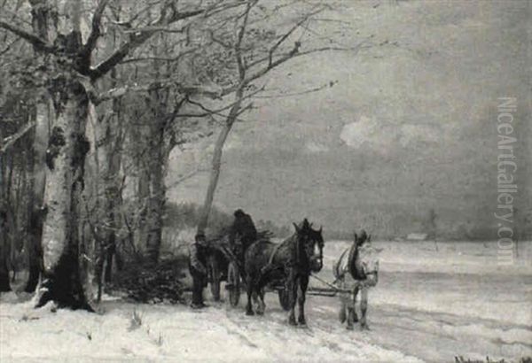 En Vinterdag Med Hestevogn Der Henter Braende Oil Painting by Anders Andersen-Lundby