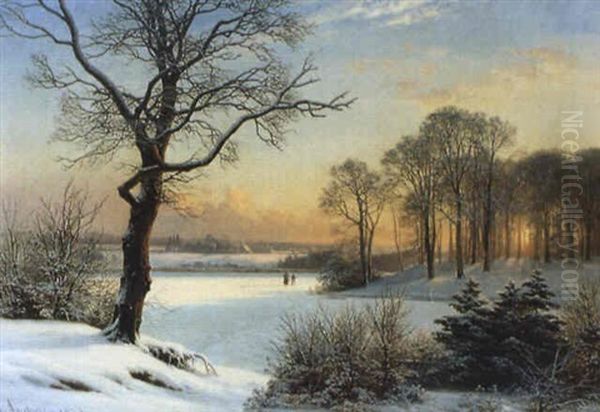 Vinterlandskap Med Promenerande Figurer, Solnedg+ngsst,mning Oil Painting by Anders Andersen-Lundby