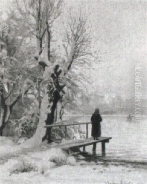 Kvinde Pa En Badebro Ser Ud Over En Bjergso Med Robad,      Vinter Oil Painting by Anders Andersen-Lundby