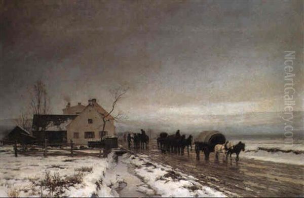 Vinterlandskab Med Rejsende Der Skifter Heste by Anders Andersen-Lundby