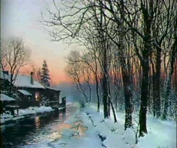 Vinterlandskab Med Huse Og Traeer Ved Floden Isar, Munchen Oil Painting by Anders Andersen-Lundby