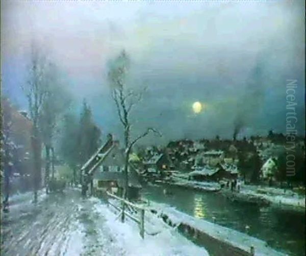 Vinterparti Fra Munchen Med Floden Isar I Manelys Oil Painting by Anders Andersen-Lundby