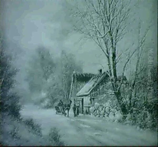 Bjerglandskab Med Alob Og Huse, Vinter Oil Painting by Anders Andersen-Lundby