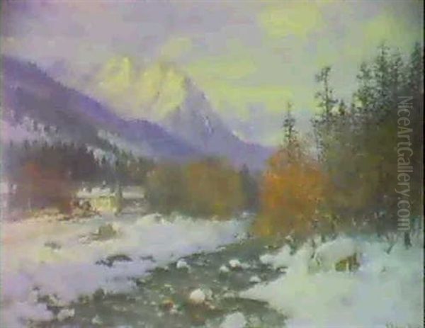 Bjerglandskab Med Flod, Vinter Oil Painting by Anders Andersen-Lundby