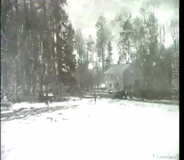 Verschneiter Winterwald Mit Einem Bauernhaus Vor Dem Zwei   Laternen Brennen. Oil Painting by Anders Andersen-Lundby