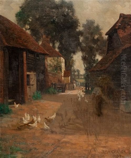 Farmyard Scene Oil Painting by James Bell Anderson