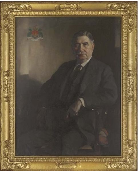 Portrait Of Sir William Hannay Raeburn Seated In A Dark Suit, A Coat-of-arms To The Top Right Corner Oil Painting by James Bell Anderson