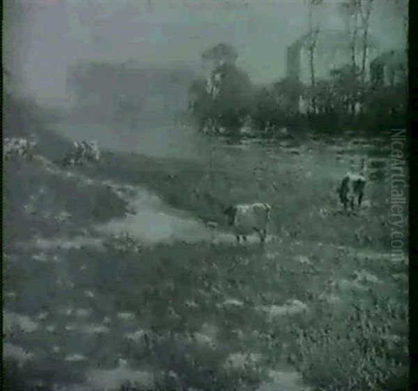 Cattle Grazing By A River Oil Painting by James Bell Anderson