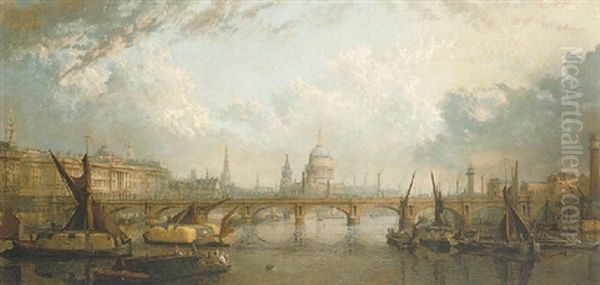 The River Thames At London Showing Waterloo Bridge, Somerhouse And St Paul's Cathedral Oil Painting by John Macvicar Anderson