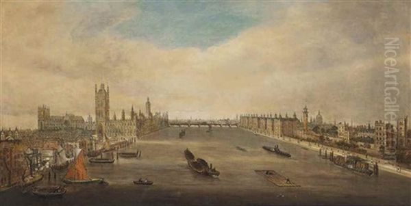 A View Of The Thames Towards Westminster Bridge With The Houses Of Parliament And Lambeth Palace, Shipping In The Foreground Oil Painting by John O. Anderson