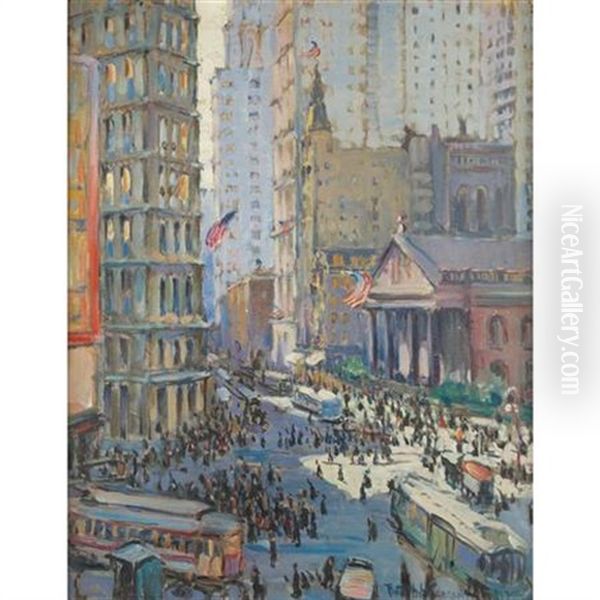 Fulton And Broadway With St. Paul's Church Oil Painting by Ruth A. (Temple) Anderson