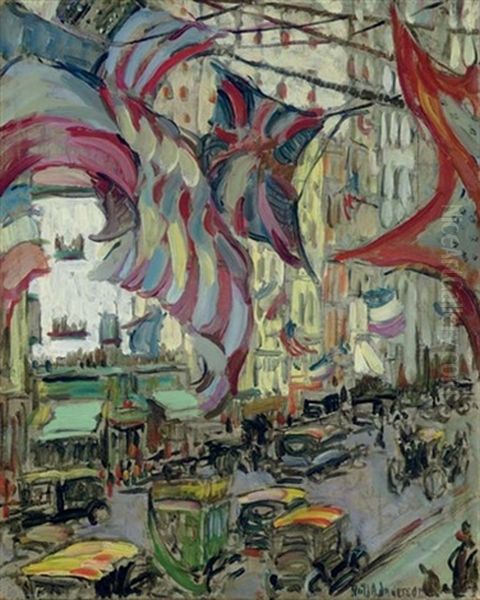 New York, Sunlight And Flags Oil Painting by Ruth A. (Temple) Anderson