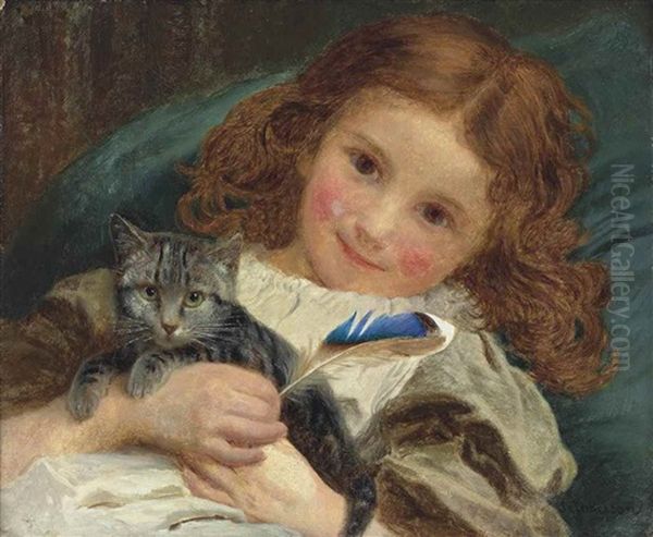 A Little Girl With A Kitten Oil Painting by Sophie Anderson