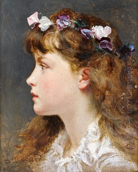 A Young Girl With A Garland Of Flowers In Her Hair Oil Painting by Sophie Anderson